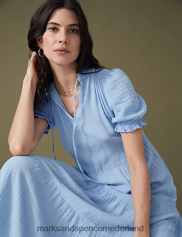 Marks & Spencer vrouwen Gelaagde midi-jurk van zuiver katoen met gestrikte hals middelblauw kleding N8VZP1016