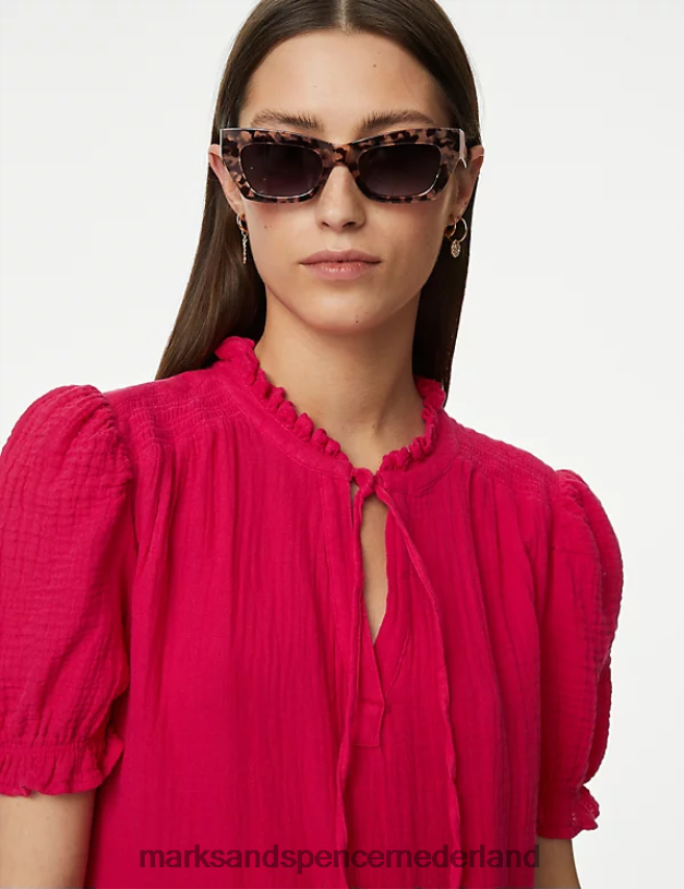 Marks & Spencer vrouwen Gelaagde midi-jurk van zuiver katoen met gestrikte hals robijn kleding N8VZP1018