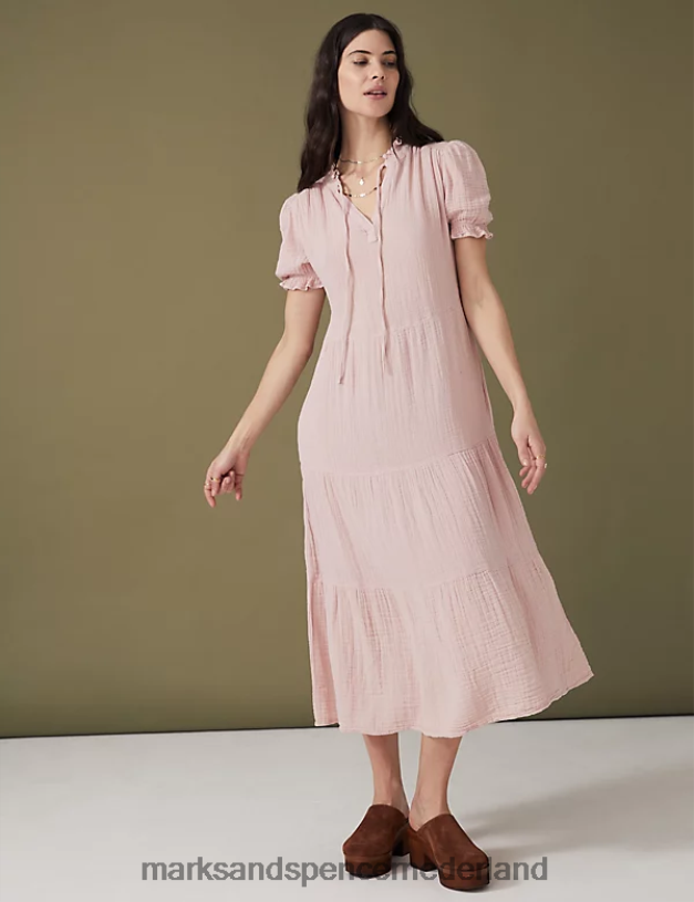 Marks & Spencer vrouwen Gelaagde midi-jurk van zuiver katoen met gestrikte hals roze schelp kleding N8VZP628