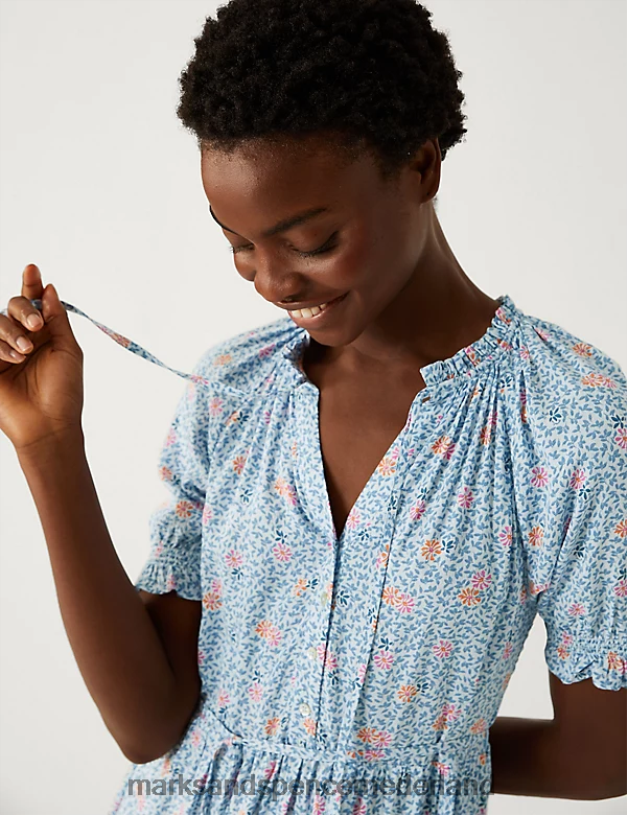 Marks & Spencer vrouwen Gelaagde mini-jurk met gestrikte hals en print blauw mengsel kleding N8VZP3293