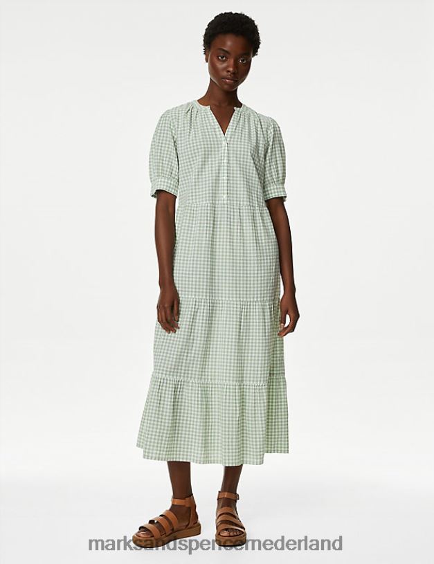 Marks & Spencer vrouwen Geruite midi-jurk van puur katoen met v-hals en laagjes groene mix kleding N8VZP217