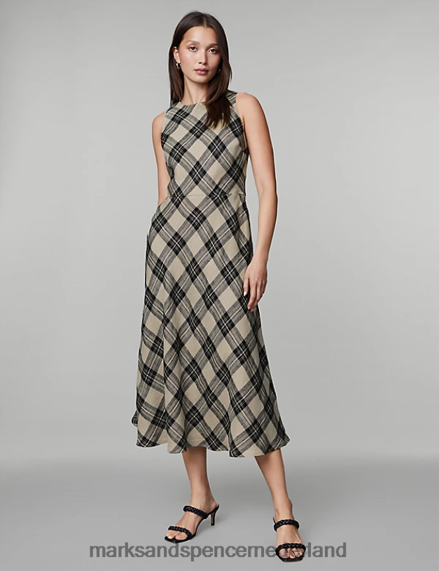 Marks & Spencer vrouwen Geruite midi-skaterjurk van zuiver linnen zwarte mix kleding N8VZP52