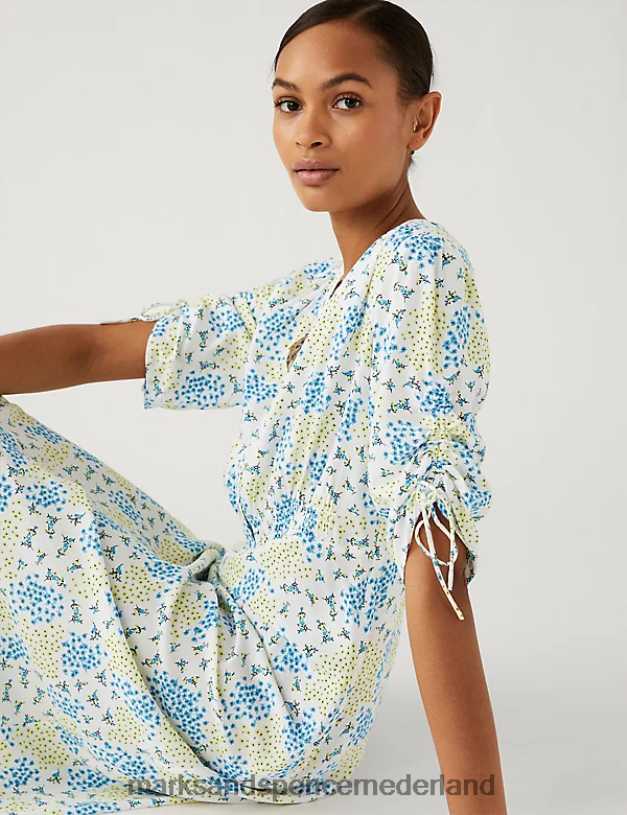 Marks & Spencer vrouwen Gesmokte midi-jurk met V-hals en print geel mengsel kleding N8VZP795