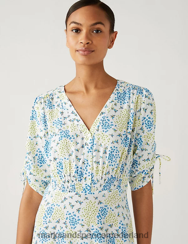 Marks & Spencer vrouwen Gesmokte midi-jurk met V-hals en print geel mengsel kleding N8VZP795