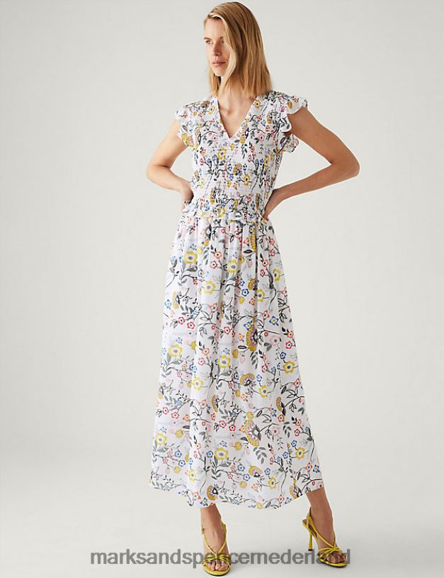 Marks & Spencer vrouwen Gesmokte midi-jurk met bloemenprint en v-hals ivoor mix kleding N8VZP1534