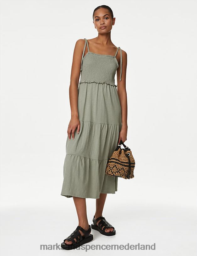 Marks & Spencer vrouwen Gesmokte midi-jurk van puur katoenen jersey khaki kleding N8VZP2216