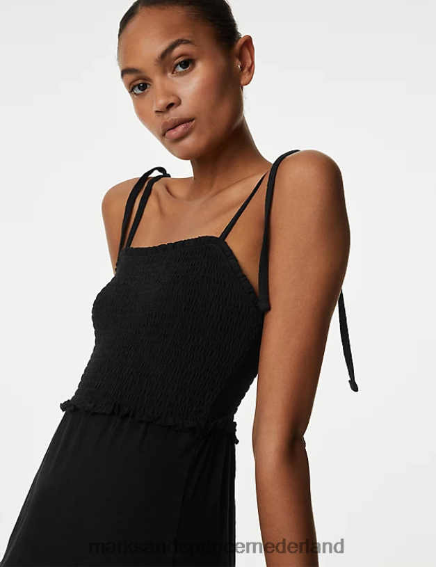 Marks & Spencer vrouwen Gesmokte midi-jurk van puur katoenen jersey zwart kleding N8VZP2565
