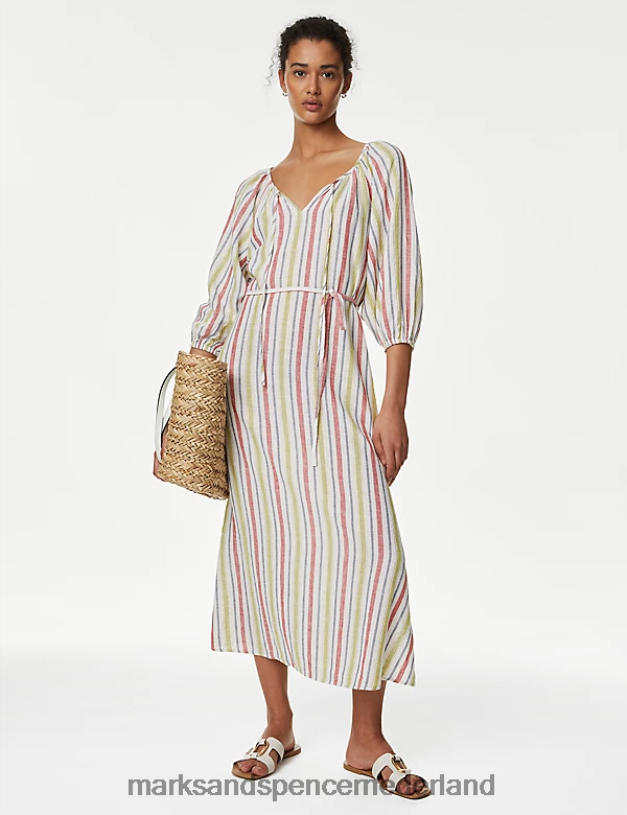 Marks & Spencer vrouwen Gestreepte midi-jurk met taille van een linnenmix multi kleding N8VZP1431