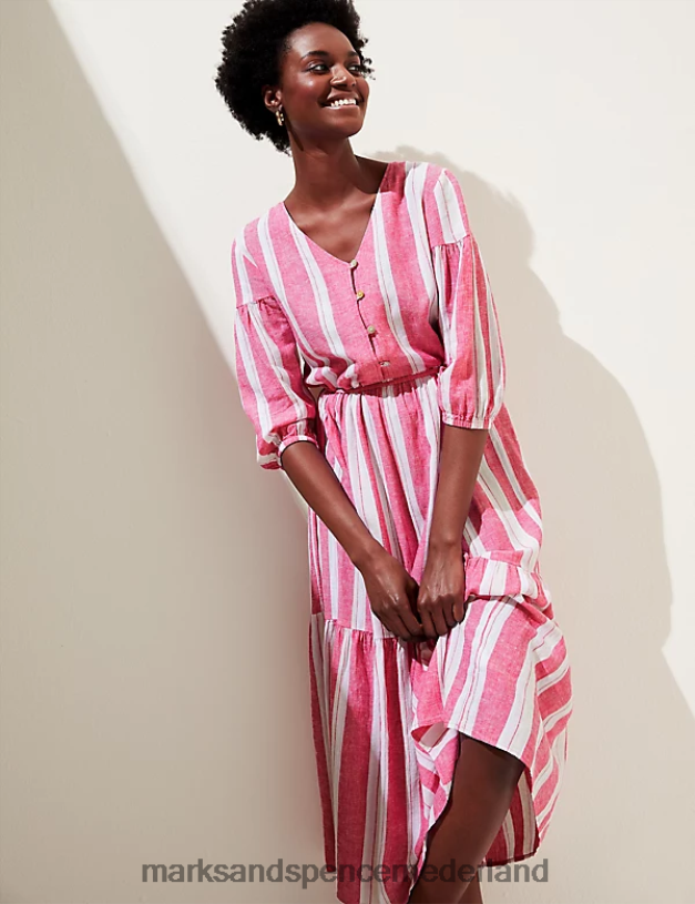 Marks & Spencer vrouwen Gestreepte midi-jurk met v-hals van een linnenmix met laagjes fuchsia mix kleding N8VZP1451