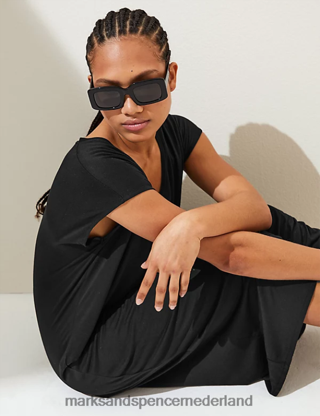 Marks & Spencer vrouwen Halflange T-shirtjurk van jersey met V-hals zwart kleding N8VZP2346