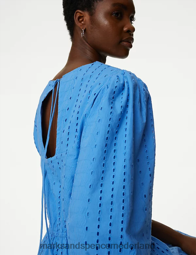 Marks & Spencer vrouwen Halflange jurk met broderie van zuiver katoen blauw kleding N8VZP132