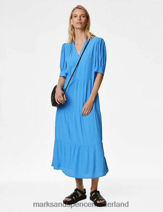 Marks & Spencer vrouwen Halflange, ontspannen gelaagde jurk met V-hals blauw kleding N8VZP1192