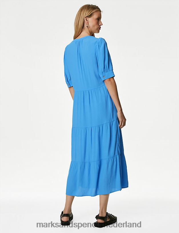 Marks & Spencer vrouwen Halflange, ontspannen gelaagde jurk met V-hals blauw kleding N8VZP1192