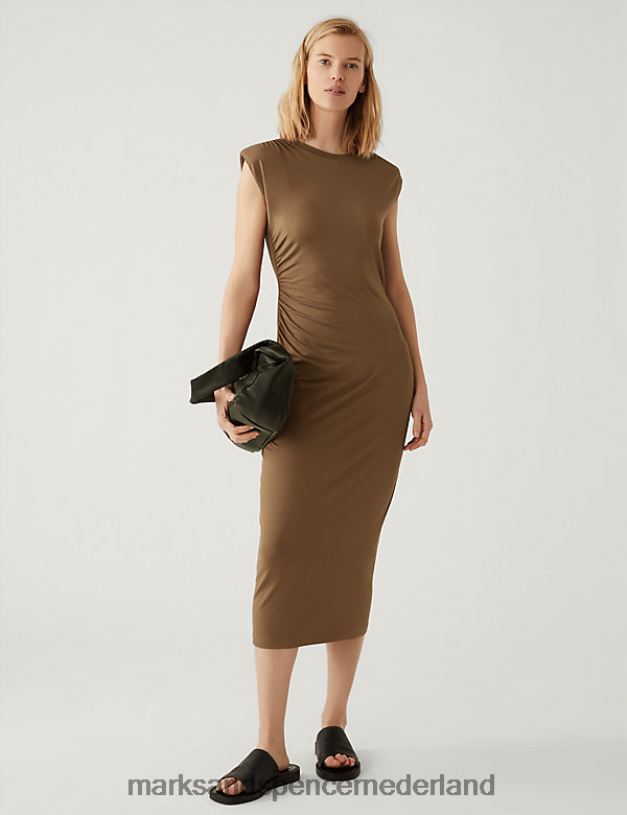 Marks & Spencer vrouwen Jersey bodycon-jurk met ronde hals en ruches toffee kleding N8VZP2511