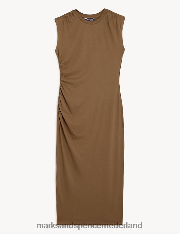 Marks & Spencer vrouwen Jersey bodycon-jurk met ronde hals en ruches toffee kleding N8VZP2511