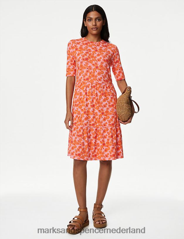 Marks & Spencer vrouwen Jersey jurk met print op knielengte oranje mengsel kleding N8VZP256