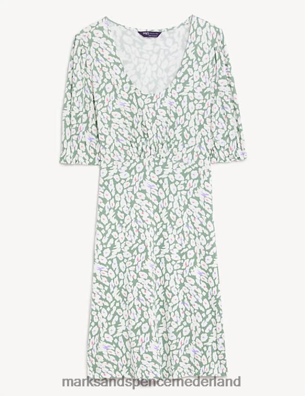 Marks & Spencer vrouwen Jersey mini-skaterjurk met ronde hals en print kaki mix kleding N8VZP839
