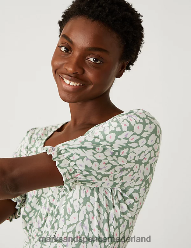 Marks & Spencer vrouwen Jersey mini-skaterjurk met ronde hals en print kaki mix kleding N8VZP839