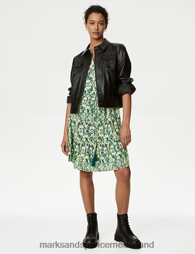 Marks & Spencer vrouwen Katoenrijke mini-getailleerde jurk met print groene mix kleding N8VZP80