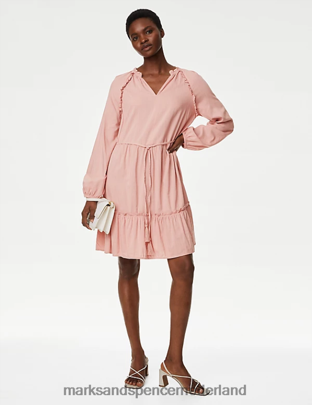 Marks & Spencer vrouwen Katoenrijke mini-jurk met ruches en gelaagde details roze kleding N8VZP26