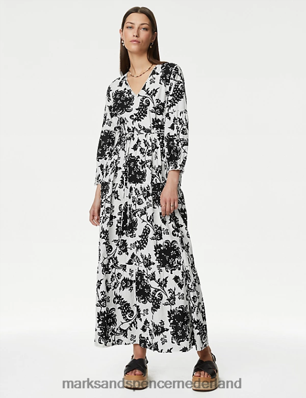 Marks & Spencer vrouwen Lange gelaagde jurk met linnenrijke bloemen en v-hals zwarte mix kleding N8VZP1090