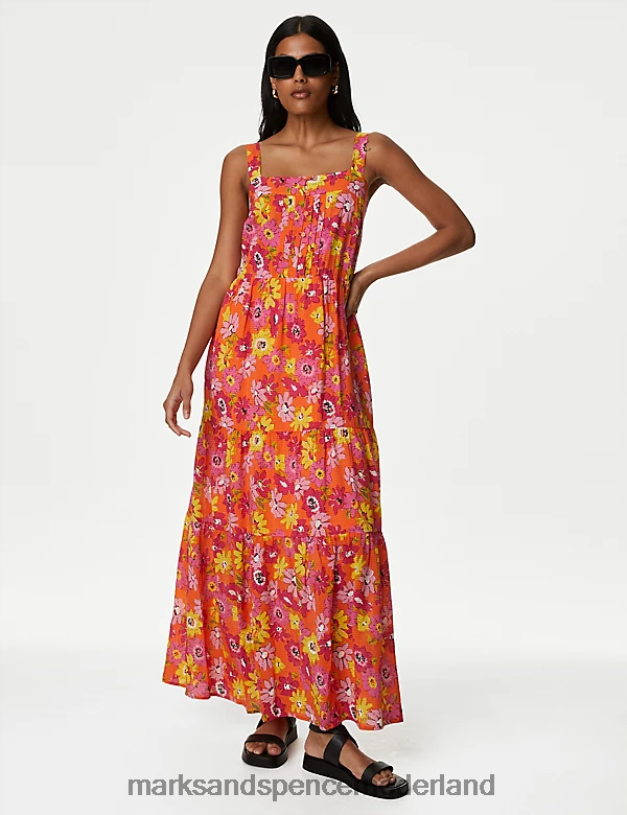 Marks & Spencer vrouwen Lange gelaagde jurk met print van een katoenmix oranje mengsel kleding N8VZP327