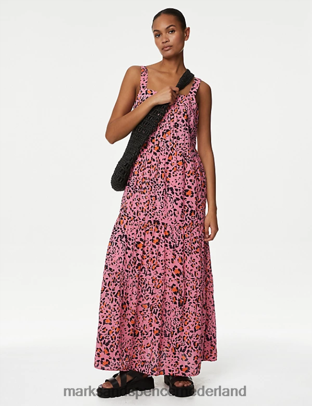 Marks & Spencer vrouwen Lange gelaagde jurk met print van een katoenmix roze mix kleding N8VZP24