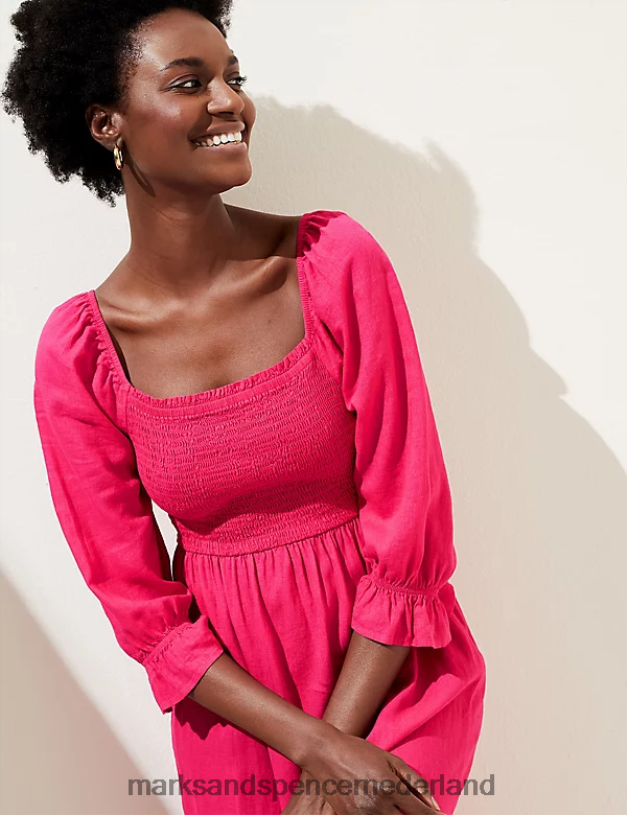 Marks & Spencer vrouwen Linnenmix gesmokte midi-jurk met vierkante hals fuchsia kleding N8VZP965