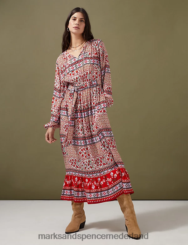 Marks & Spencer vrouwen Midaxi getailleerde jurk met gebloemde halsband en riem rode mix kleding N8VZP1628