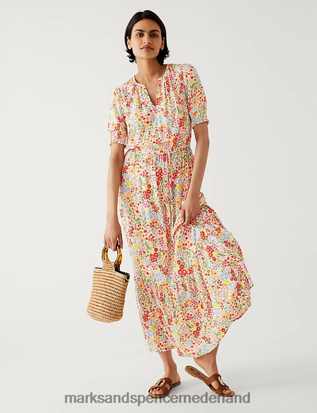 Marks & Spencer vrouwen Midaxi getailleerde jurk met ronde hals en print multi kleding N8VZP732