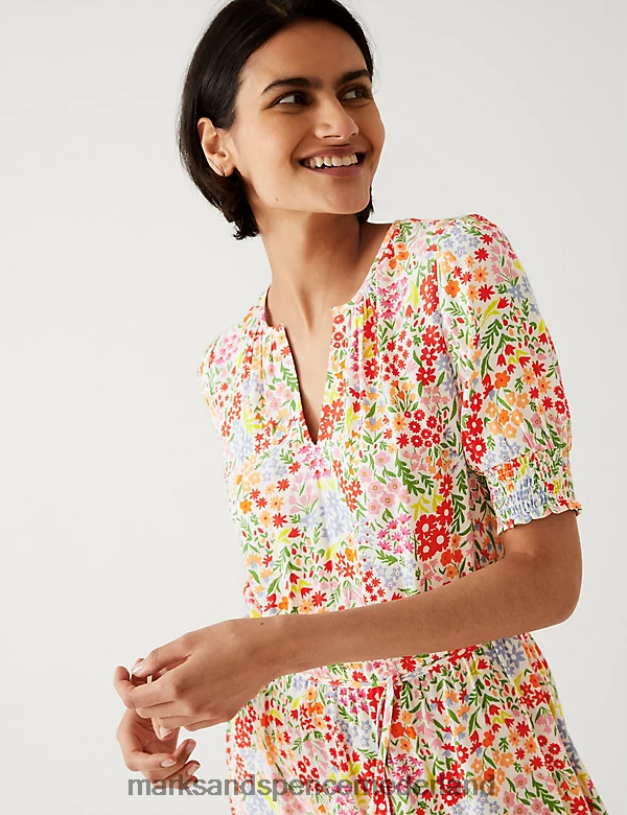 Marks & Spencer vrouwen Midaxi getailleerde jurk met ronde hals en print multi kleding N8VZP732