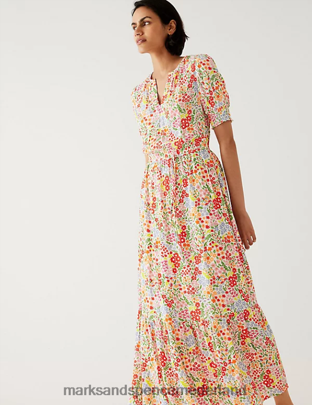 Marks & Spencer vrouwen Midaxi getailleerde jurk met ronde hals en print multi kleding N8VZP732