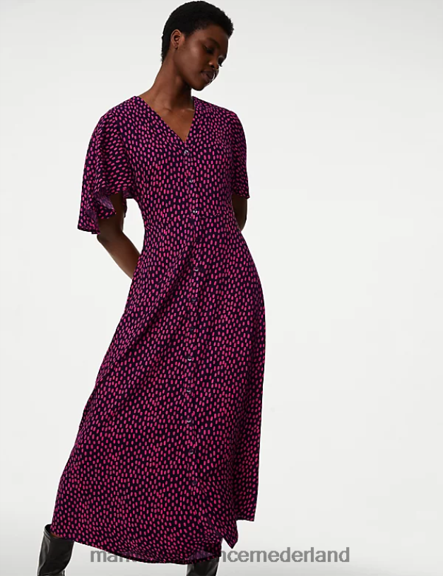 Marks & Spencer vrouwen Midi-jurk met V-hals en print roze mix kleding N8VZP1740