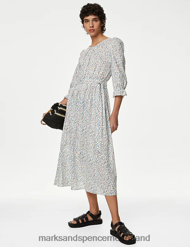 Marks & Spencer vrouwen Midi-jurk met bloemenprint van puur katoen witte mix kleding N8VZP745