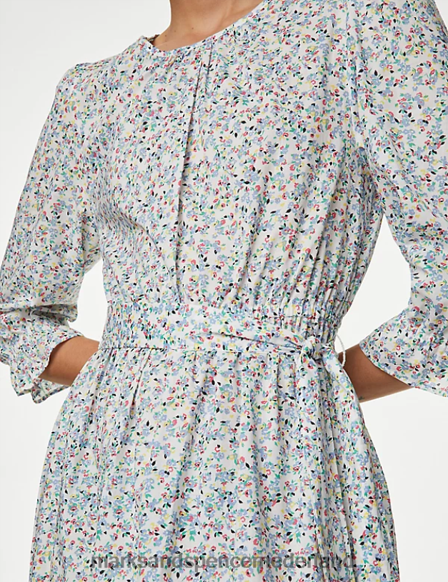 Marks & Spencer vrouwen Midi-jurk met bloemenprint van puur katoen witte mix kleding N8VZP745