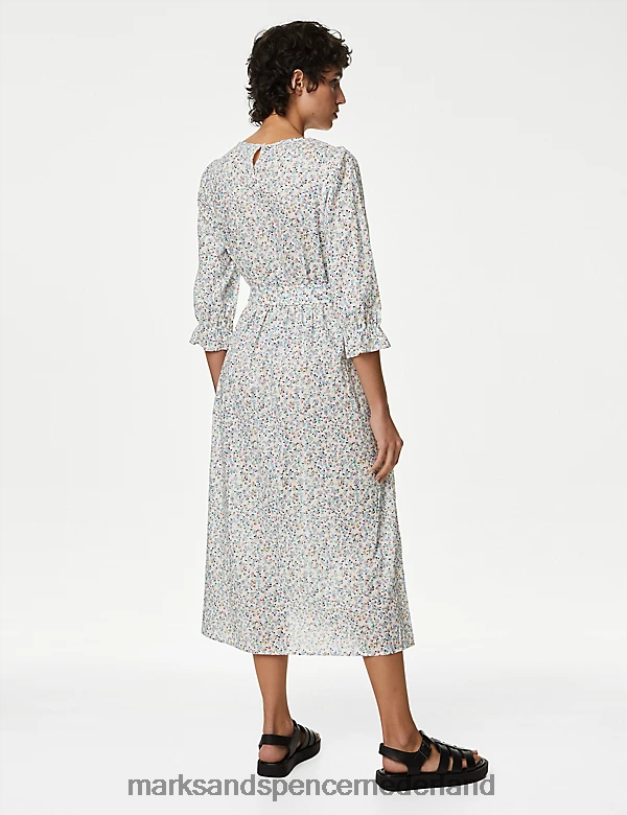 Marks & Spencer vrouwen Midi-jurk met bloemenprint van puur katoen witte mix kleding N8VZP745