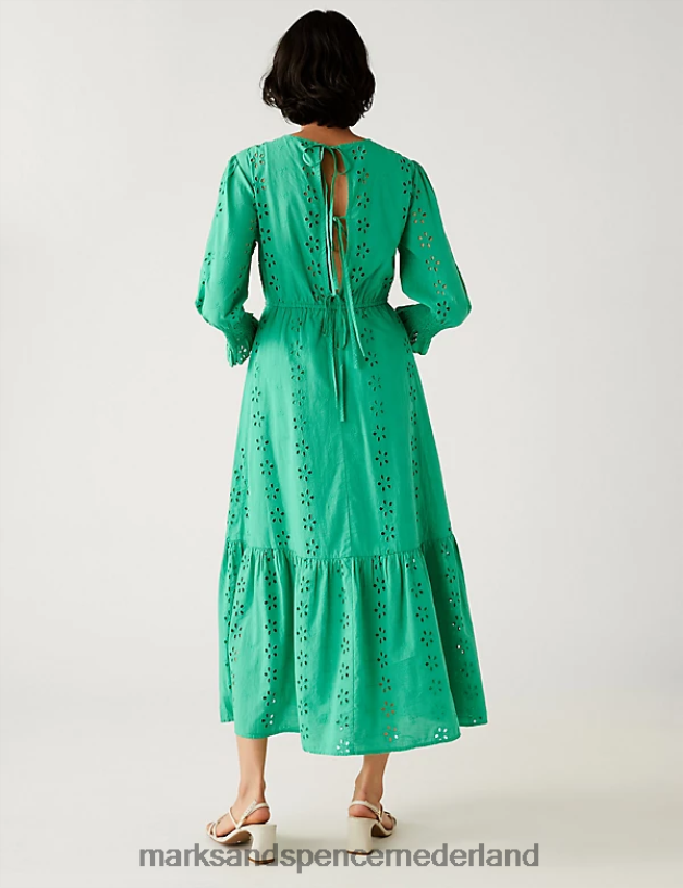 Marks & Spencer vrouwen Midi-jurk met broderie van zuiver katoen groente kleding N8VZP802