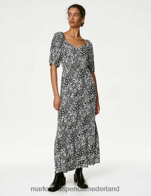Marks & Spencer vrouwen Midi-jurk met hartvormige halslijn en print zwarte mix kleding N8VZP1637