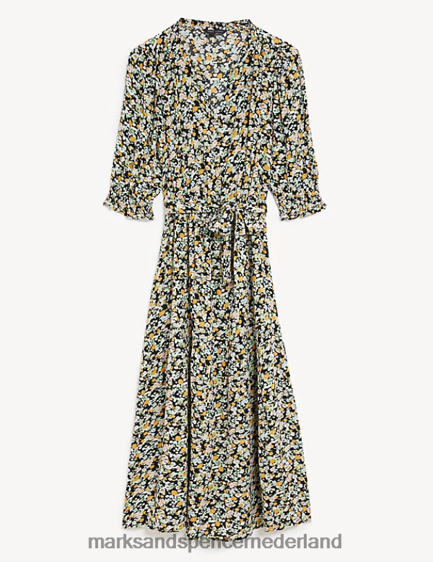 Marks & Spencer vrouwen Midi-jurk met print en V-hals zwarte mix kleding N8VZP1879