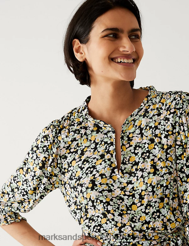 Marks & Spencer vrouwen Midi-jurk met print en V-hals zwarte mix kleding N8VZP1879