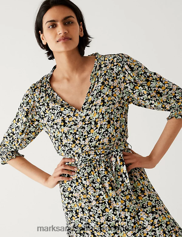 Marks & Spencer vrouwen Midi-jurk met print en V-hals zwarte mix kleding N8VZP1879