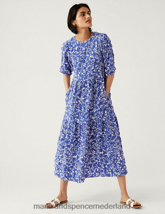 Marks & Spencer vrouwen Midi-jurk met print en structuur blauw mengsel kleding N8VZP87