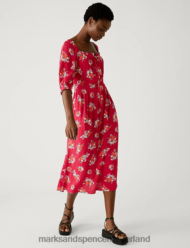 Marks & Spencer vrouwen Midi-jurk met print en vierkante halslijn roze mix kleding N8VZP844