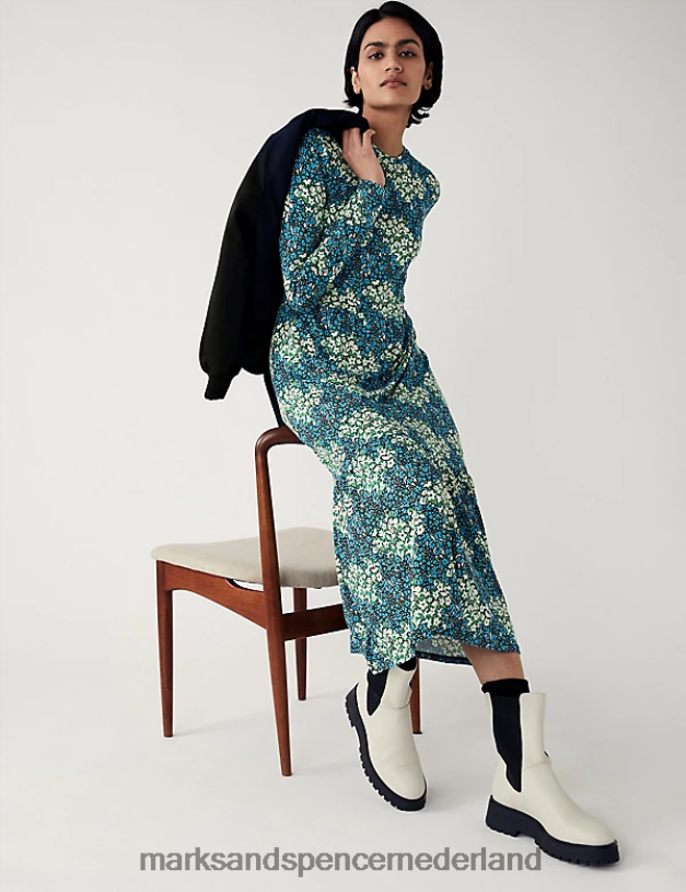 Marks & Spencer vrouwen Midi-jurk met ronde hals en jersey print. Gelaagde jurk zwarte mix kleding N8VZP2403