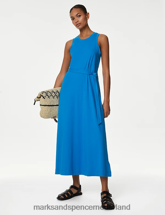 Marks & Spencer vrouwen Midi-jurk van puur katoenen jersey met riem en ceintuur blauw kleding N8VZP1948