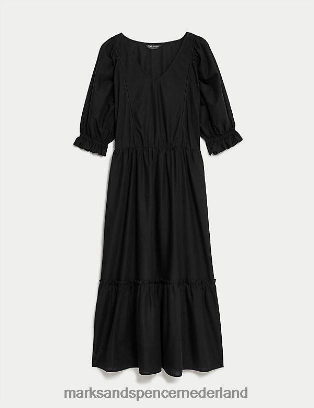 Marks & Spencer vrouwen Midi-jurk van zuiver katoen met V-hals en taille zwart kleding N8VZP55