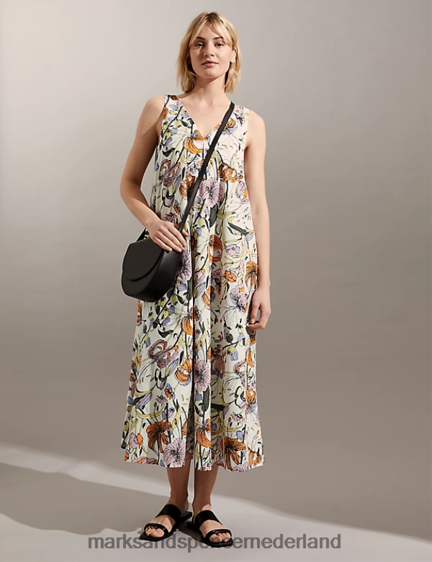 Marks & Spencer vrouwen Midi-jurk van zuiver katoen met bloemenprint en V-hals multi kleding N8VZP1071