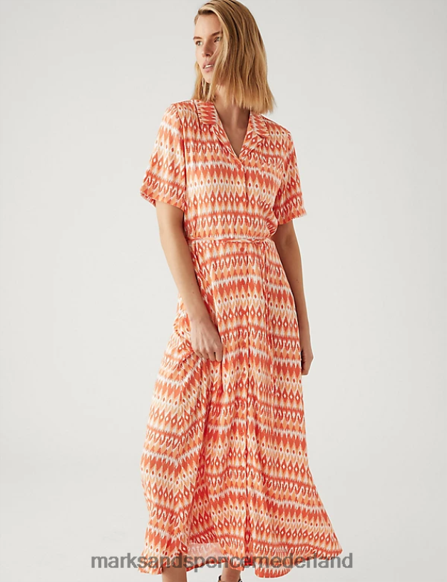 Marks & Spencer vrouwen Midi-overhemdjurk met print en riem oranje mengsel kleding N8VZP1985