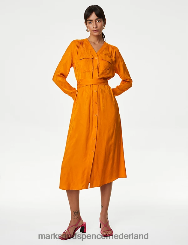 Marks & Spencer vrouwen Midi-overhemdjurk van jacquard met bloemenjacquard en V-hals mandarijn kleding N8VZP564