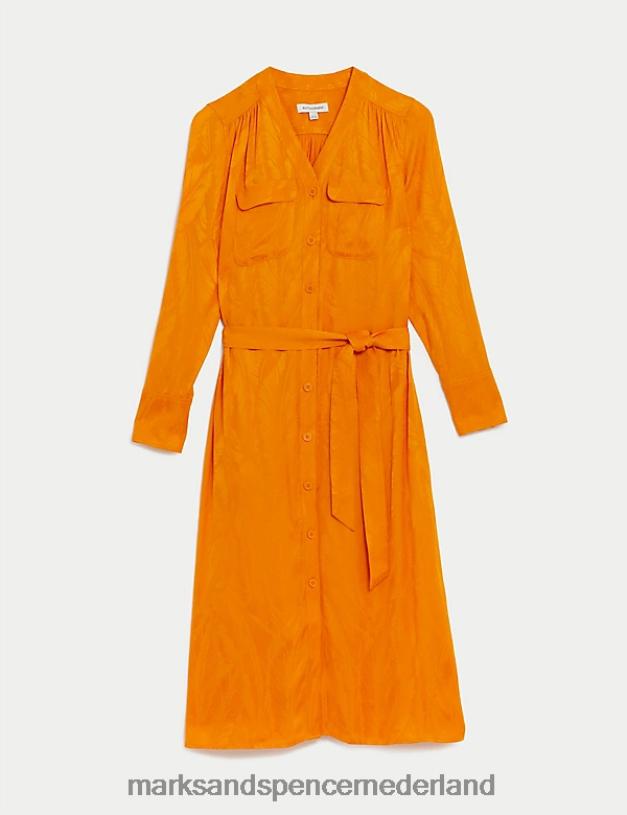 Marks & Spencer vrouwen Midi-overhemdjurk van jacquard met bloemenjacquard en V-hals mandarijn kleding N8VZP564